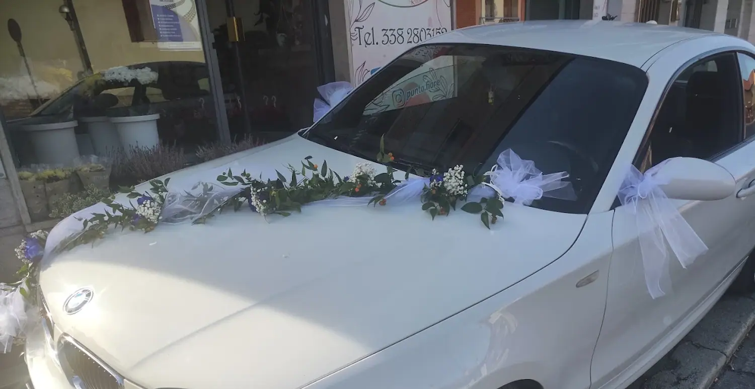 Auto bianca decorata da Punto Fiore con ghirlanda di foglie, gypsophila e fiori blu e fiocchi di tulle