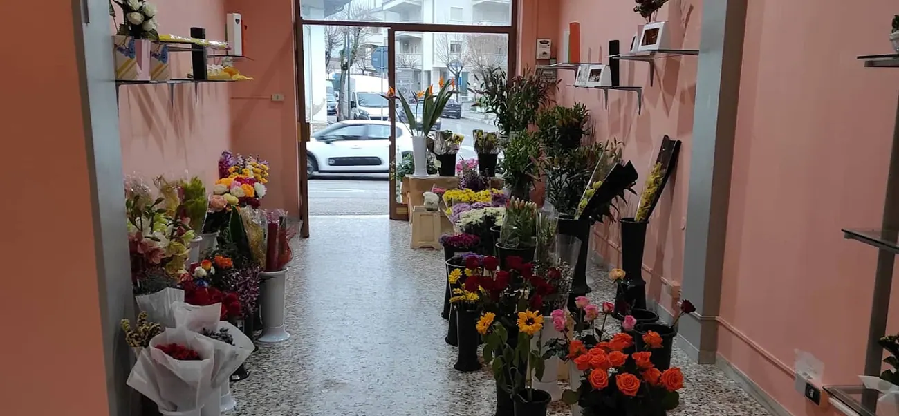 Interno del negozio Punto Fiore di Via Roma, con pareti rosa e vasi di fiori recisi